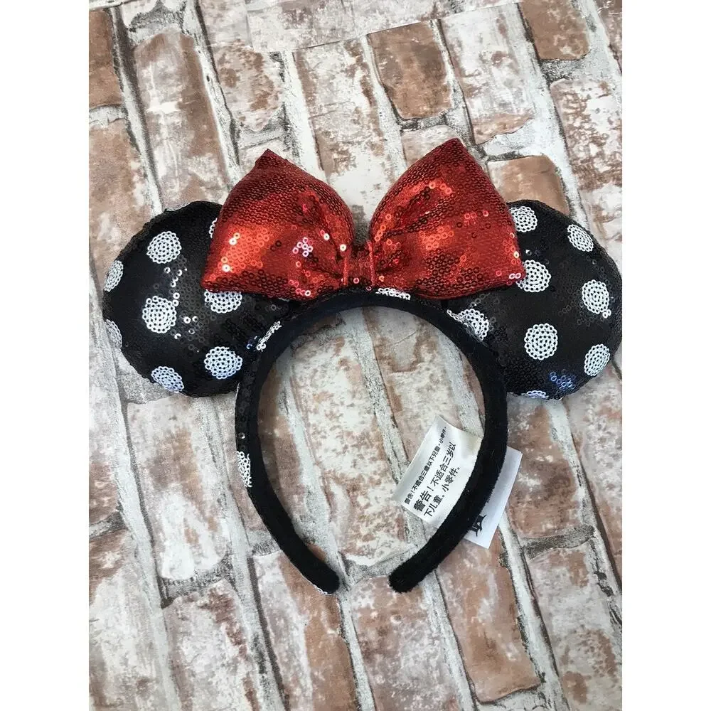 Disney Parks - Classic Minnie Mouse Sequined Headband Black Ears Red Bow.
